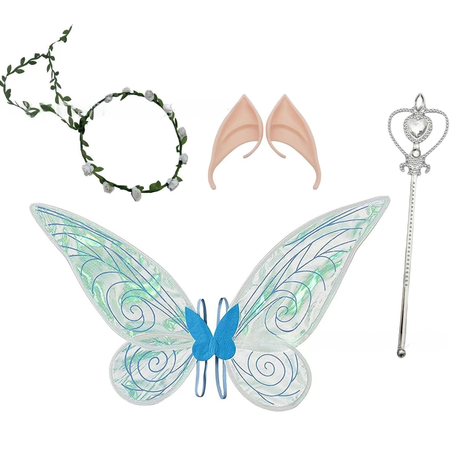 4pcs Fairy Wings Butterfly Elf Dress up Set Fairy Wings Costume Sparkling Sheer Wing with Flower Headband for Bride Flower Boy Accessories Theme Parties Carnival, Halloween, Photo Shoots for Women