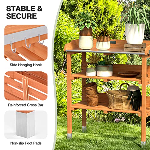 Giantex-Garden-Potting-Bench-Outdoor-Wood-Workstation-Table-with-Galvanized-Steel-Tabletop-5-Hooks-2-Tier-Storage-Shelves-Outside-Work-Station-Potting-Table-with-Raised-Edge-Easy-Assembly Giantex Garden Potting Bench Outdoor Wood Workstation Table with Galvanized Steel Tabletop 5 Hooks 2 Tier Storage Shelves Outside Work Station Potting Table with Raised Edge Easy Assembly