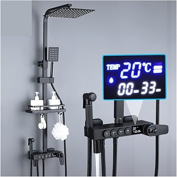 tatic Shower Column Set, Black Ch Rain Shower Mixer with Digital Display, 4-Way Brass Shower System, Modern Bathroom Shower Faucet Set