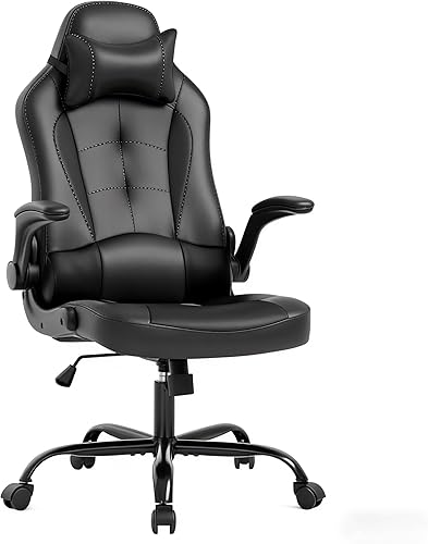 Silla de escritorio para juegos de PC, silla de videojuegos, silla ergonómica cómoda de piel sintética con soporte lumbar, brazos abatibles,
