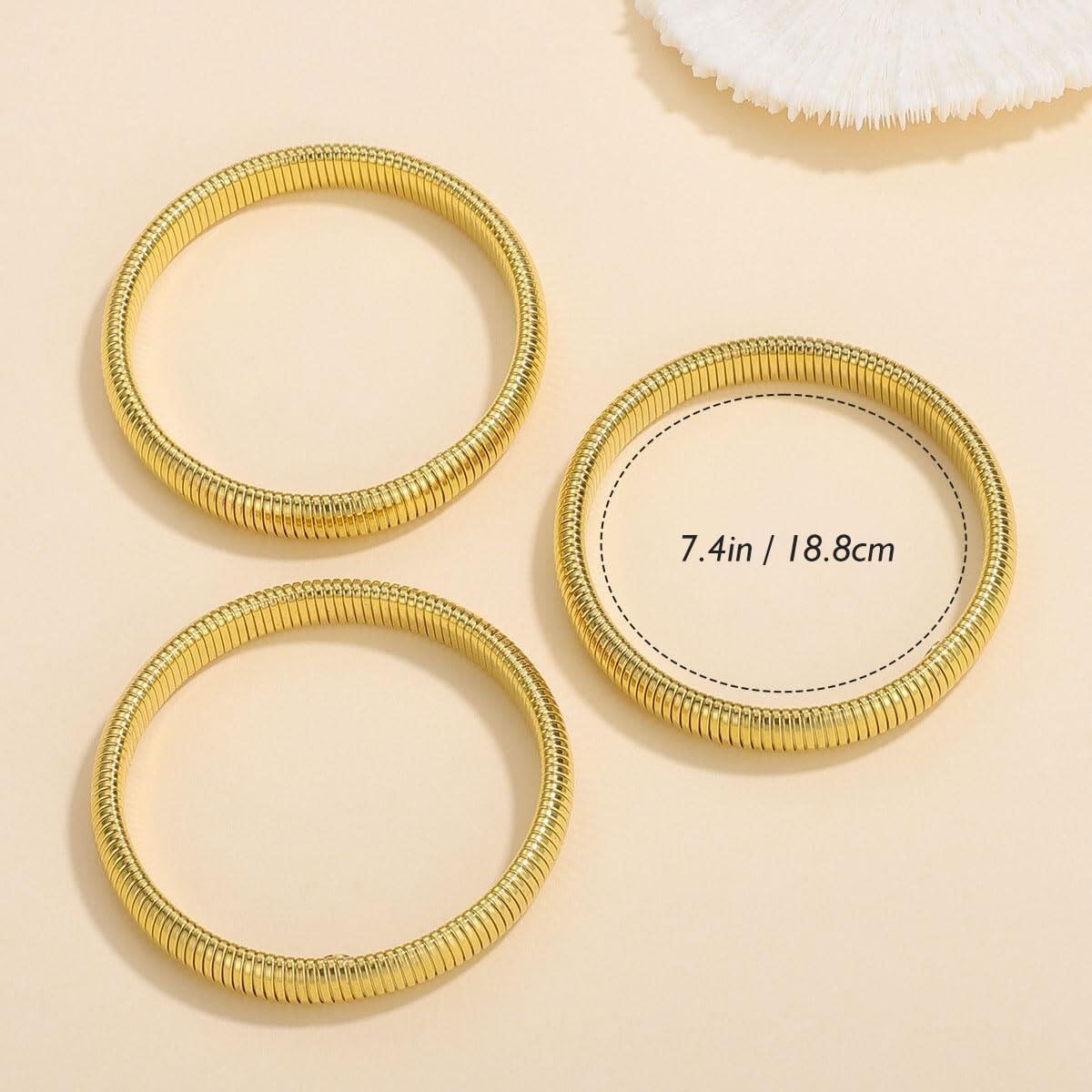 Emibele Gold Bangles Bracelet Set for Women, 18K Gold Plated Chunky Stainless Steel Non Tarnish Stretch Bracelet Stack, Flexible Wide Wristband Bangle Layered Snake Chain Bracelets - Image 8