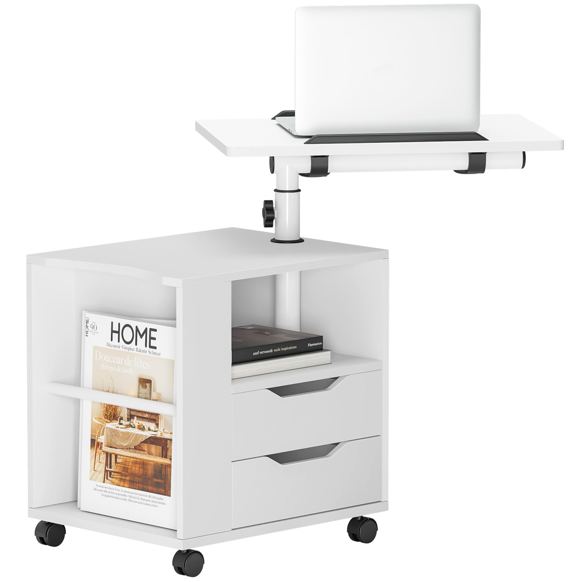 SogesHome Table de Chevet pour Chambre à Coucher Table de Nuit Commande avec Tiroir Armoire de Rangement avec Plateau Pivotante, roulettes Universelles Verrouillables, Blanc
