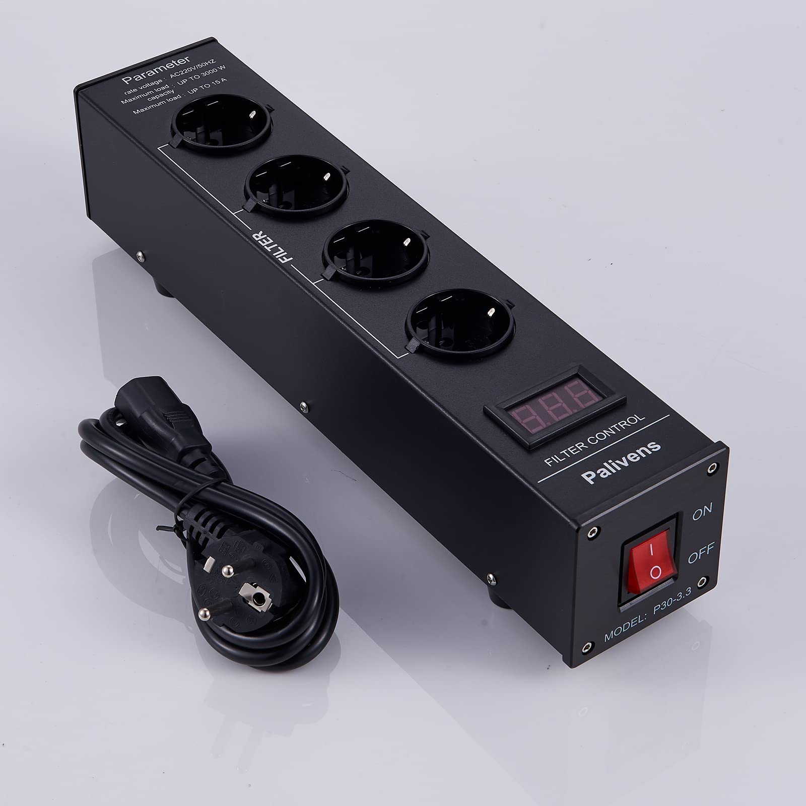 Ciabatta con filtro di rete HiFi con display LCD, 4 prese, nero | filtro antidisturbo, protezione da sovratensione, protezione carico fino a 15 A