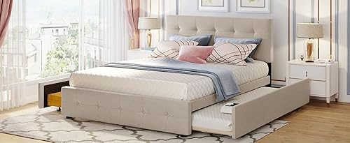 Miniatura 4 de SIYSNKSI Moderna cama de plataforma de tamaño Queen con 2 cajones y 1 nido individual XL marco de cama tapizado con listones de madera y cabecero