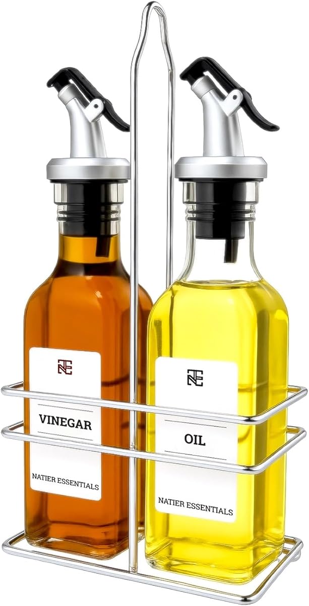 6 Oz Oil and Vinegar Bottle Cruet Set with Wire Caddy – 2 Pack Glass Dispenser Bottles (No-Drip Spout)
