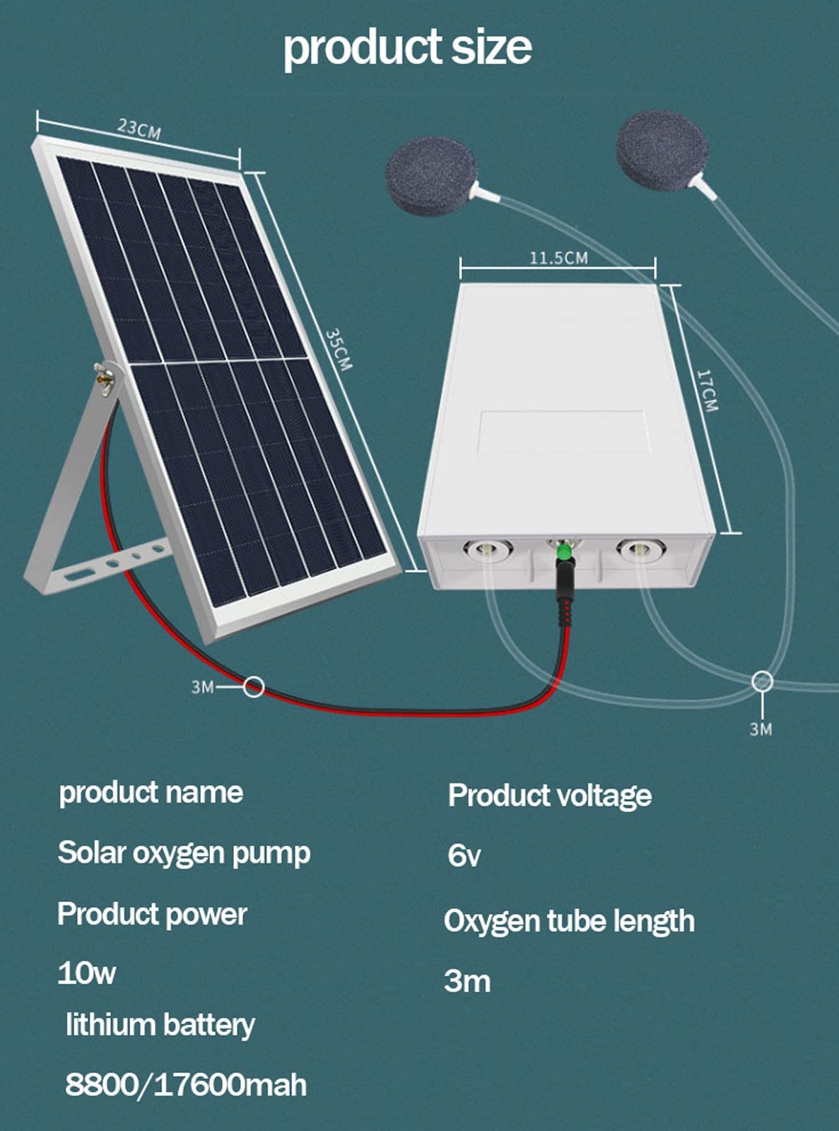 Pompa Aria Ad Energia Solare, Ossigenatore Solare Rumore Basso con Due Airstones e Doppie Pompe, Aeratore Acquario Solare per Uso Esterno, Batteria al Litio da 8800/17600Mah(Size:17600mah)