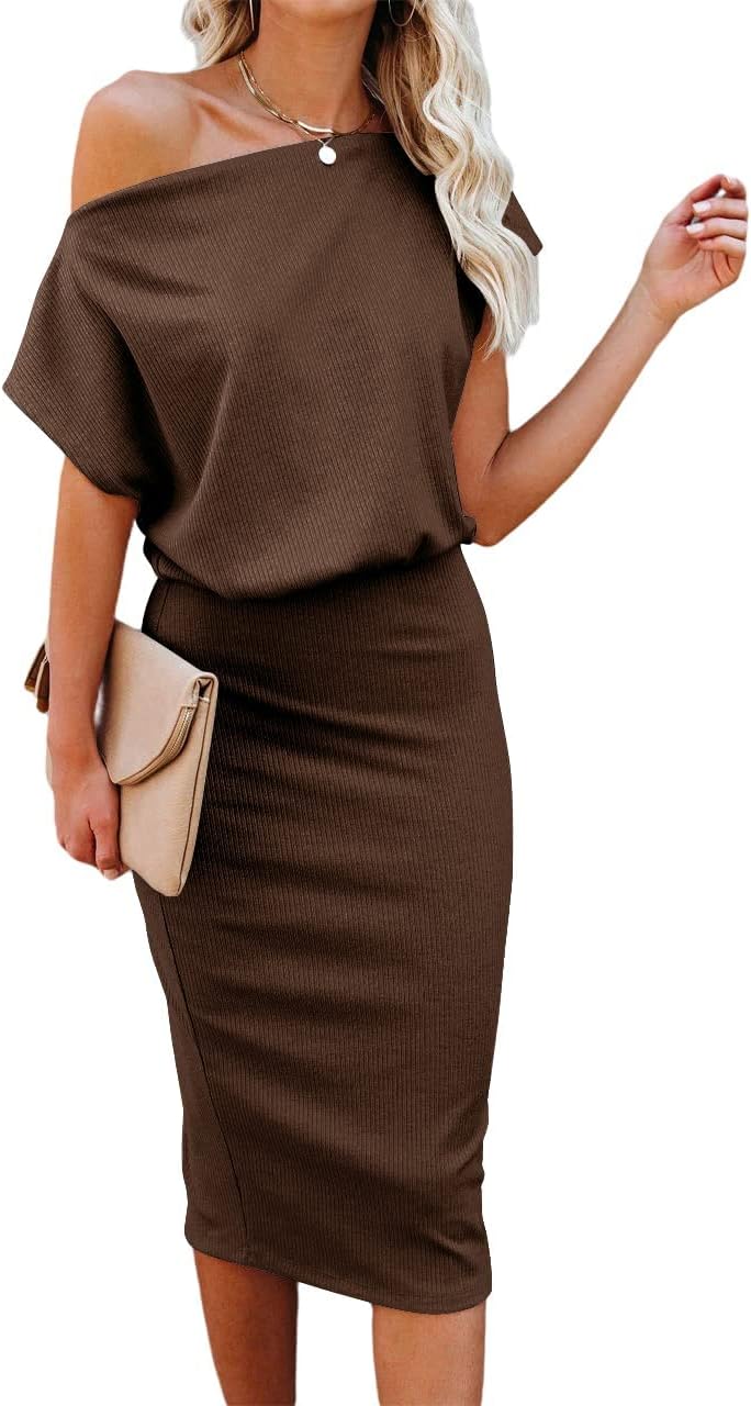 EZBELLE Women's Summer Dress Off The Shoulder Short Sleeve Ribbed Casual Party Bodycon Midi Dresses