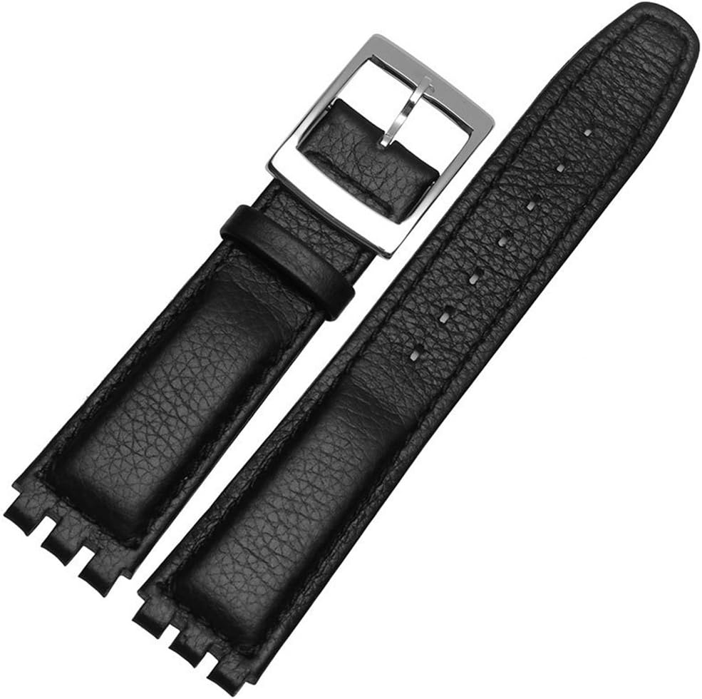 Swatch Litchi Grain Cow Leather Stainless Steel Buckle Watch Band Strap with Tool Watch Width 17mm Replacement for Men's Swatch