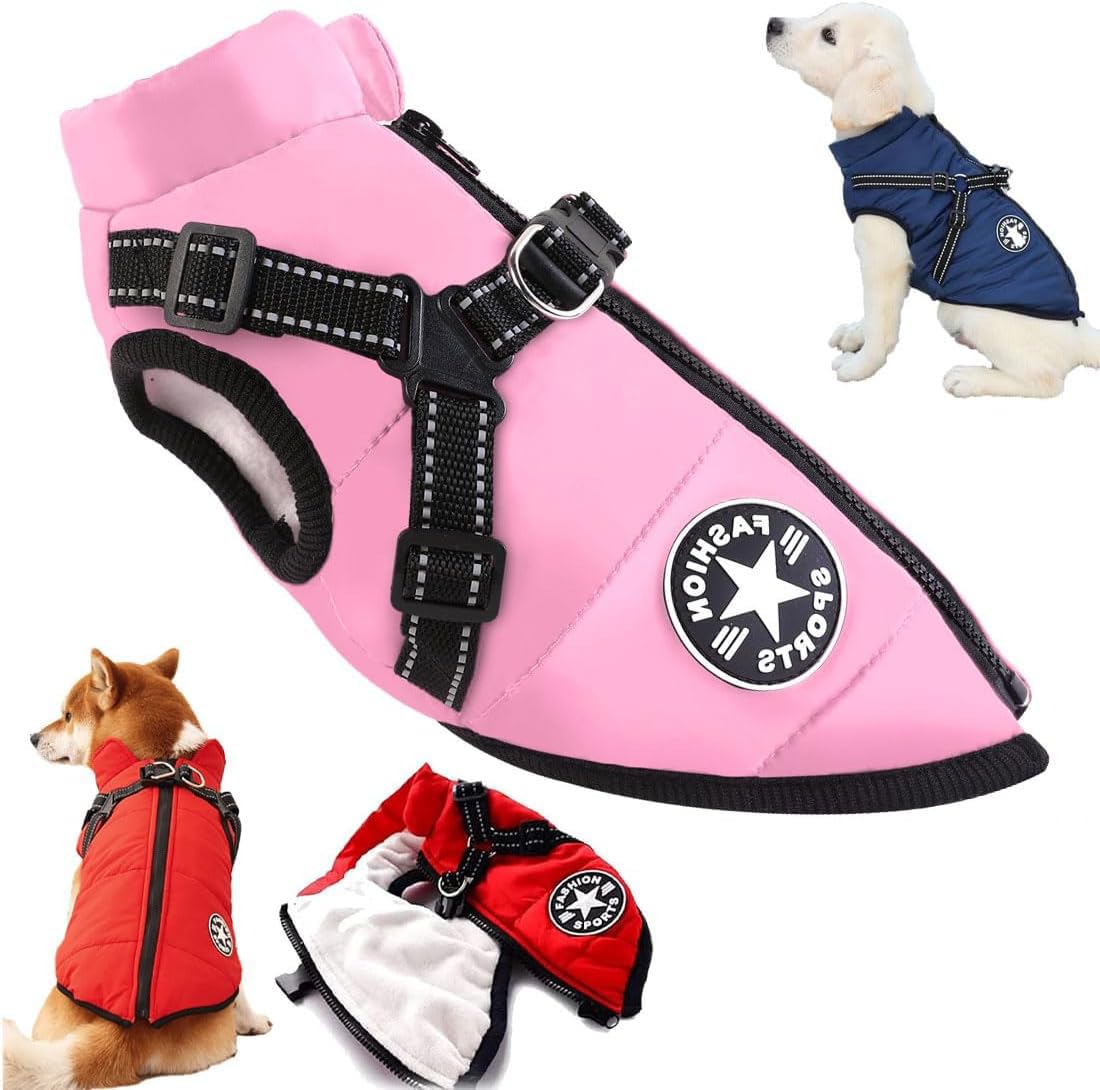 New Furry King Dog Winter Coat, Furryking Winter Jacket for Dogs, Waterproof Windproof Dog Snow Jacket with Harness and Zipper, for Small Medium Large Dogs(Size:Medium,Color:pink)