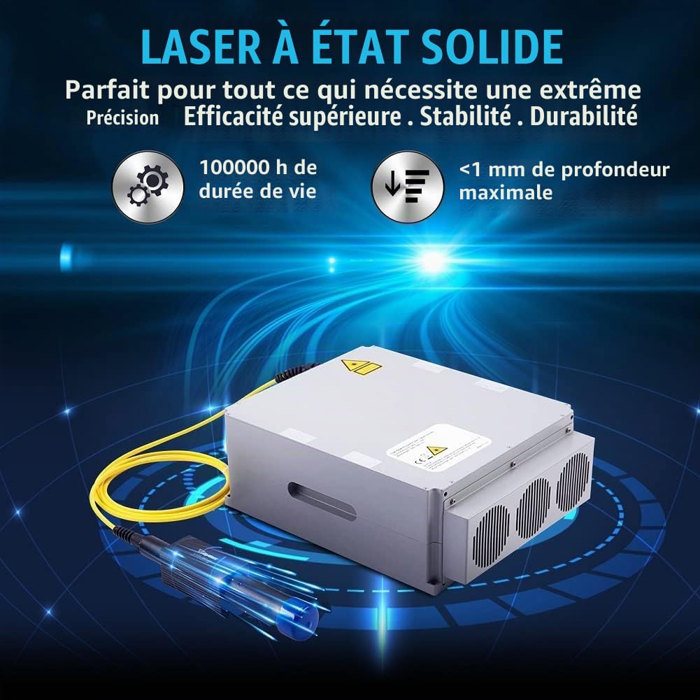 Graveur Laser Métal Machine à Graver Fiber Decoupe Fibre avec rotation 1064nm 220V Europlug précision 0.01mm pour Bijoux Cuivre Aluminium Acier Or Argent (50W Area 200x200mm)