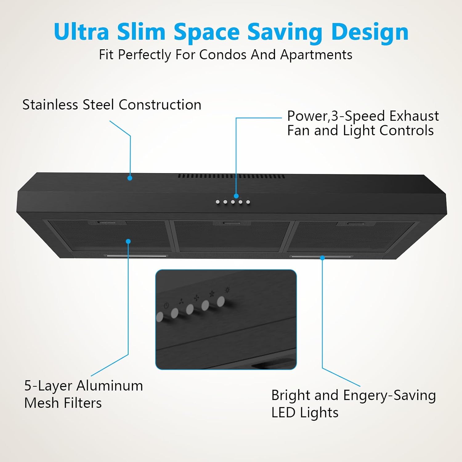 Upgraded 600 CFM Range Hood 36 inch, Black Under Cabinet Range Hood for Duct/Ductless Convertible, Stainless Steel Kitchen Stove Vent with 3 Speed Kitchen Exhaust Fan and Two Bright Energy-Saving LED