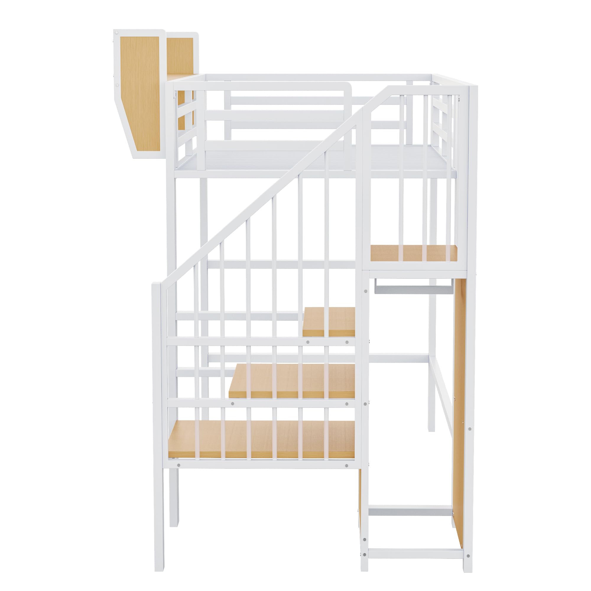 Moimhear Cama alta con escalera de seguridad y compartimento de almacenamiento flexible, cama de metal para adultos, cama para niños, litera (blanco, 90 x 200 cm)