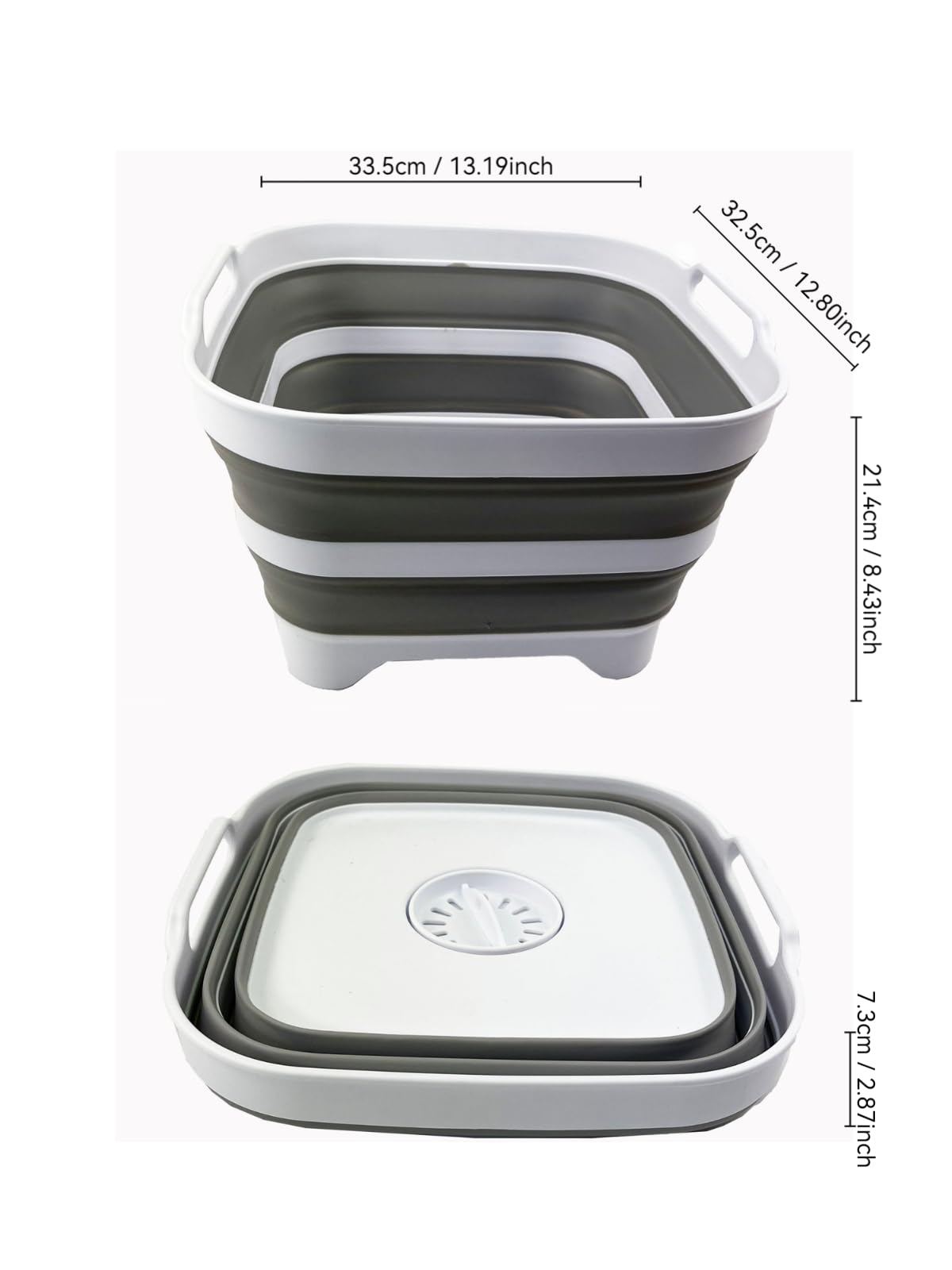 SAMMART Bassine à vaisselle pliable de 10 l avec bouchon de vidange - Lavabo pliable - Bac de rangement de cuisine pour économiser de l'espace (blanc/gris/blanc)