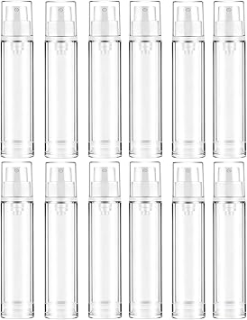 12 Jars 10ml Small Ounce Transparent Clear Airless Pump Bottles Cream Lotion Vacuum Containers Cosmetic Foundation Sample Travel Liquid Pressure Bottle Vial 0.3oz