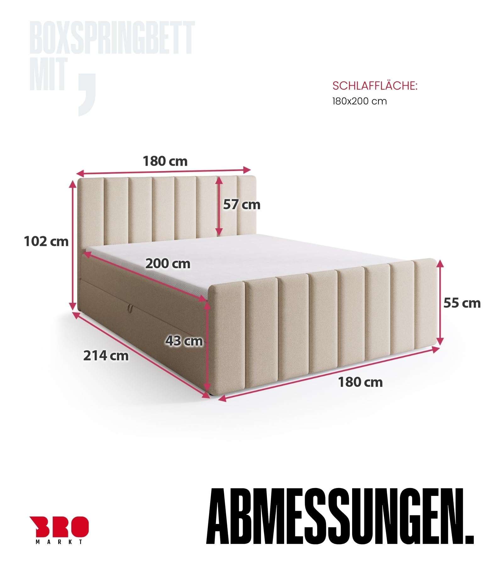 BROMARKT Boxspringbett mit Matratze 180x200cm Bett mit Topper Beige | Polsterbett mit Bettkasten Doppelbett mit Stauraum für Schlafzimmer gepolsterte Kopfteil Bed Bonell H3 DENVER DUO