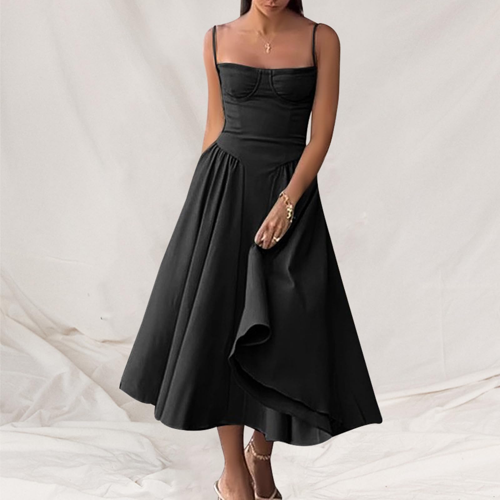 Vestito Donna Elegante Cerimonia Sexy Spaghetti Senza Maniche Scollo Quadrato Abito Estivo Lungo Abiti con Tasche Vita Alta Linea A Swing Midi Vestito da Mare Bohemian Vacanze per Il Tempo Libero