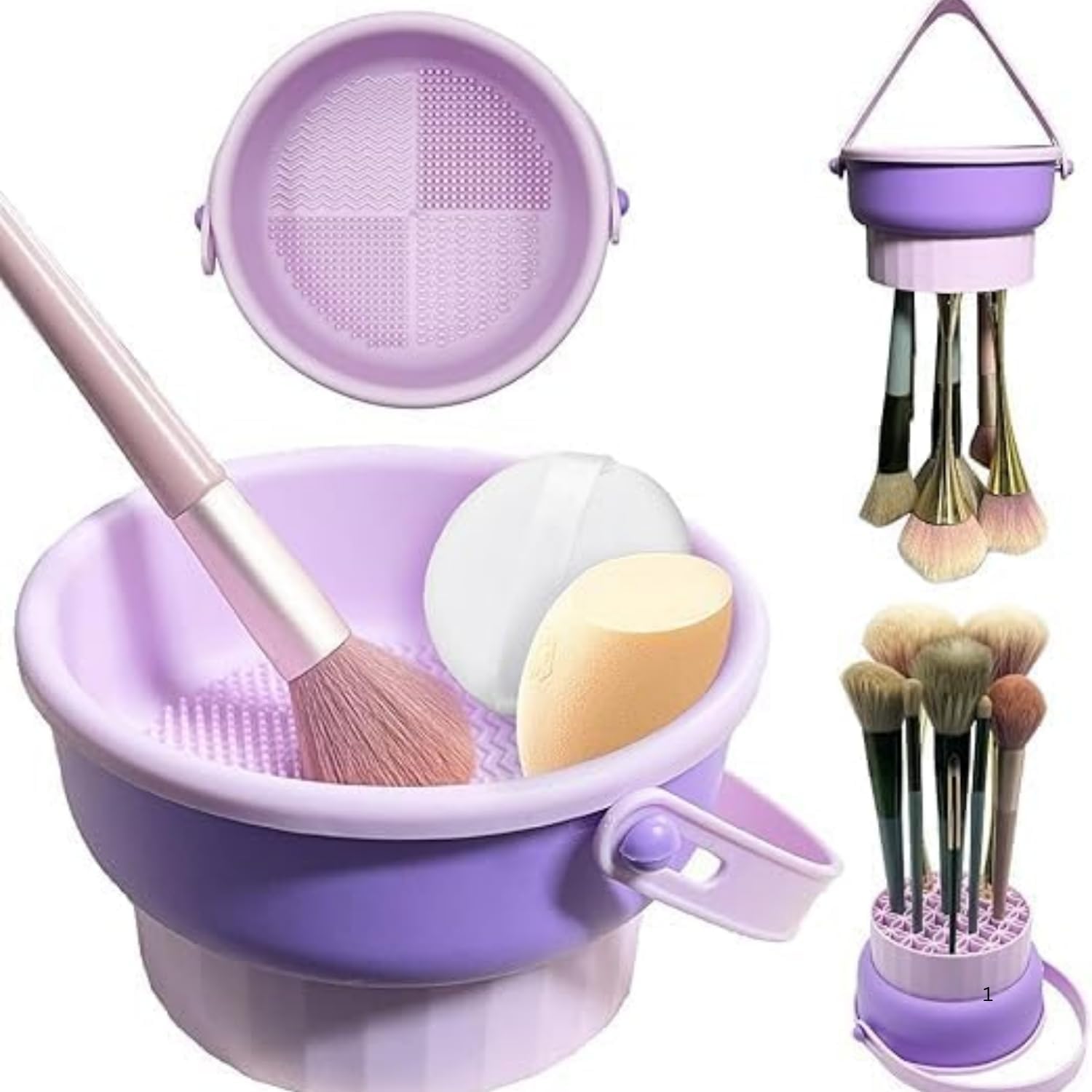 3-in-1 Silicone Makeup Brush Cleaner Bowl with Drying Holder – Portable Cosmetic Brush Cleaning Pad with Suction Cups – Brush Washing Bowl, Puff And Sponge Cleaning Tool, Sponge Cleaner-image-6
