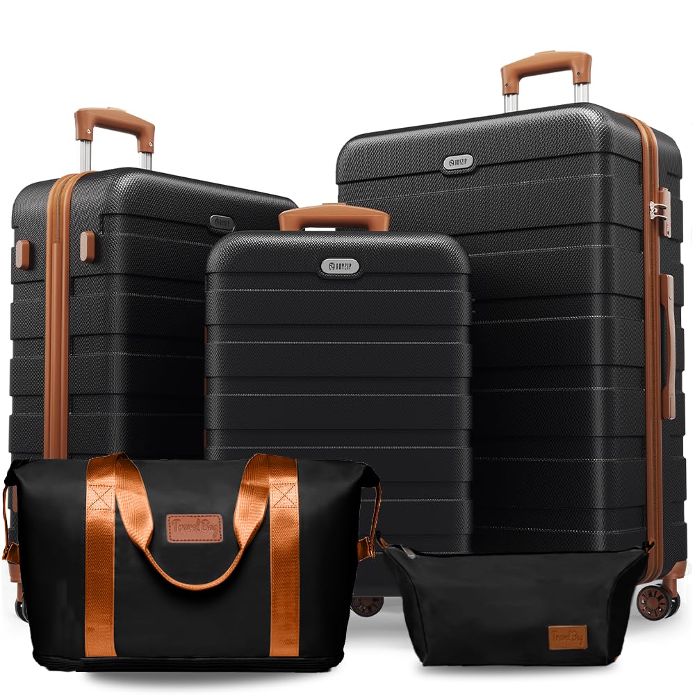 AnyZip Luggage Set 5 Piece PC ABS Hardshell Lightweight Suitcases for Travelling with 4 Universal Wheels TSA Lock Carry on Suitcase Black Brown