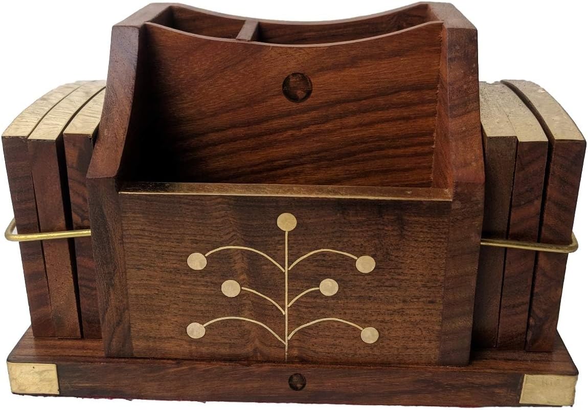 Handcrafted Sheesham Wood Pen Stand with Brass Inlay & 6 Coasters | Desk Organizer for Office & Home | Vintage Wooden Holder for Pens, Pencils, Stationery & Drinks