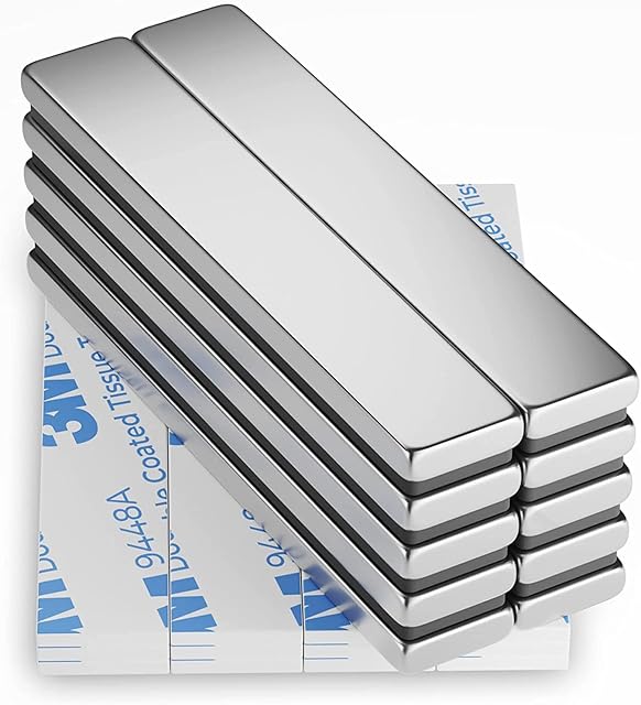 FINDMAG 10 Pack Neodymium Magnets, 60 x 10 x 3 mm Bar Magnets, Strong Magnets for Whiteboard, Magnets Strong, Rare Earth Magnets with Double-Sided Adhesive, Fridge Magnet Bar for Metal Tools, DIY