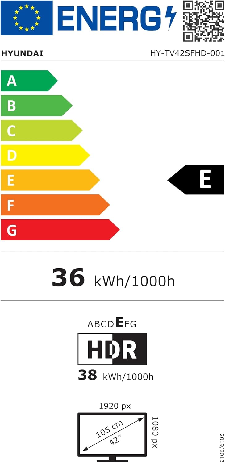 EU Energy Label for the HYUNDAI HY-TV42SFHD-001 television, showing an energy efficiency class of E and energy consumption of 36 kWh/1000h.