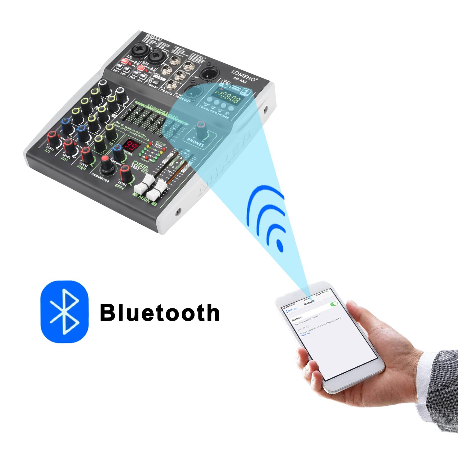Mikser Audio, 4/6 Kanałowa konsola miksująca wejściowa 48 V 99 DSP Efekt Bluetooth Mikser DJ USB PC Odtwarzanie Nagrywanie Podcast Stół dźwiękowy AM-AX4(4 Channel)
