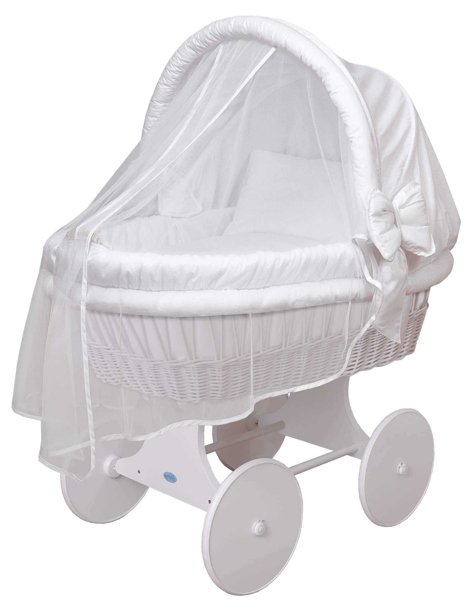 WALDIN Cuna Moisés, Carretilla portabebés XXL, 54 Modelos a Elegir, Madera/Ruedas Lacado en Blanco, Color Textil Blanco