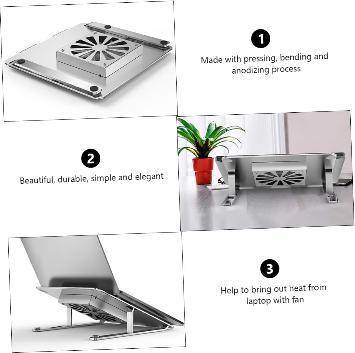 NUOBESTY Laptop Cooling Pad with Adjustable Aluminum Alloy Stand, Quiet Ventilated Fan Cooler to 17.3 Inch Laptops, Silver Height-Raising Support for Gaming and Office Use
