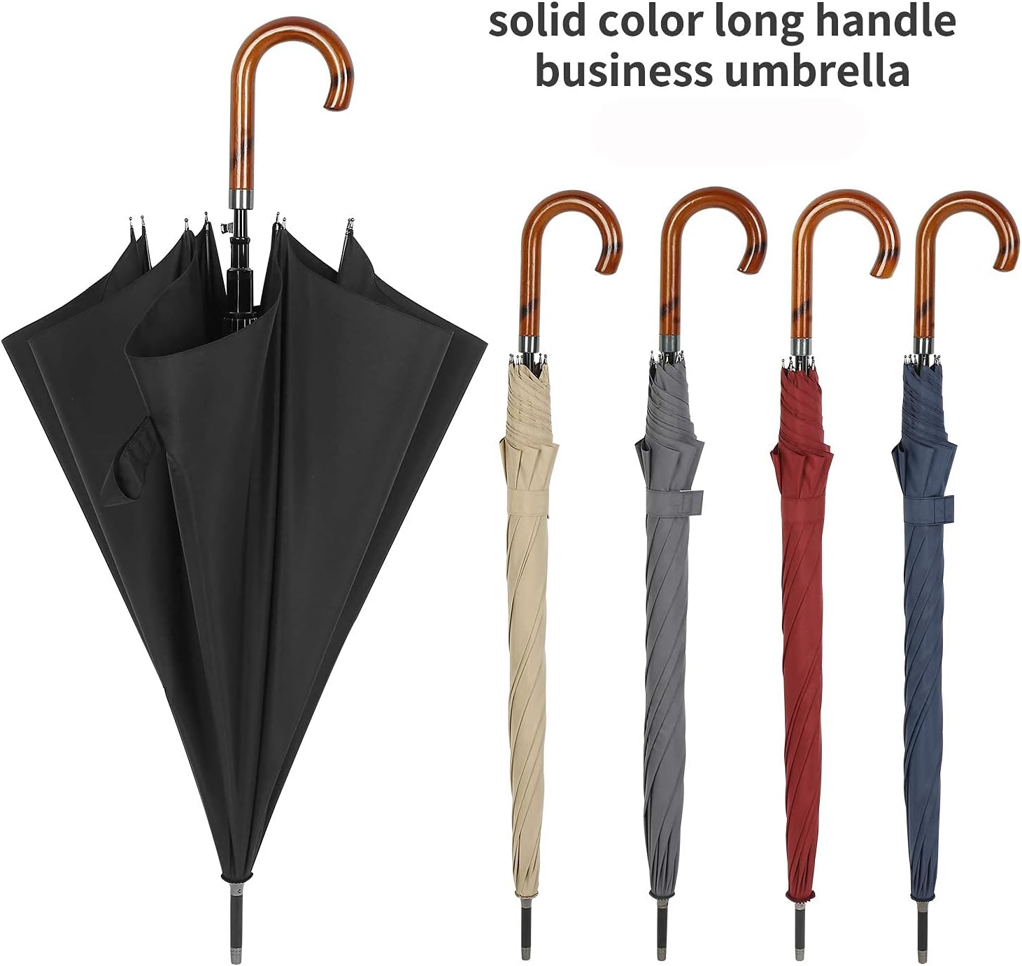 TIME LOVER Stick Umbrella Oversize Windproof Umbrella Wooden Hook Handle J Stick Automatic Open Fast Drying Umbrella for Men Women(Black)