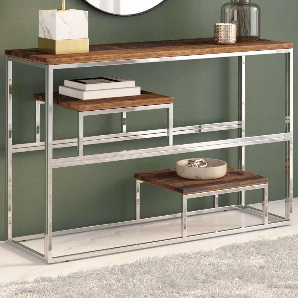 Mesa consola de acero inoxidable y madera de 110x35x70 cm