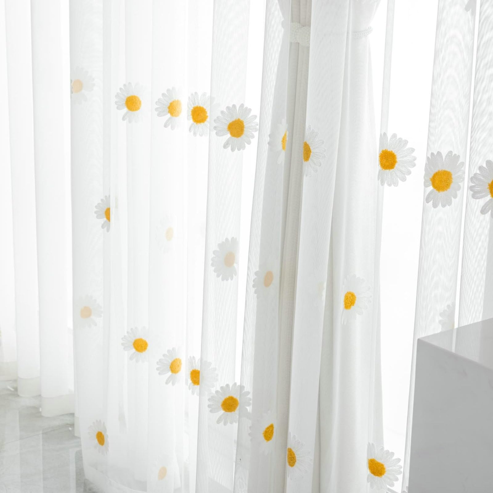 Window Curtain, firanki poliestrowe, do kuchni, kwiaty, haftowane, białe oczko, 107 x 147 cm, 2 szt