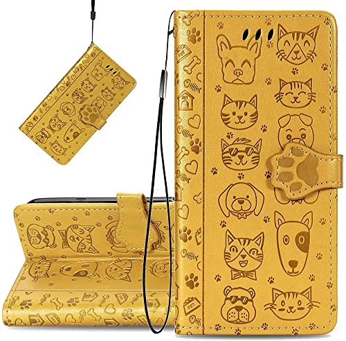 JJenny Compatible with Realme 5i Case Wallet Cute with Card Slots Flip Case for Girls Women Cat Dog Embossing Shockproof Case for Realme 5i.Yellow