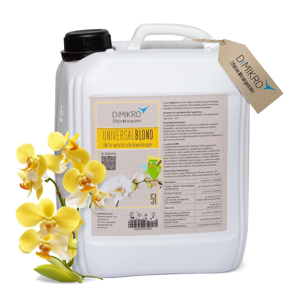 DIMIKRO® Microorganismes efficaces actifs universels Blond – EMa – EM actif – Prêt à l'emploi pour la maison et le jardin – 100 % végétalien et naturel (bidon de 5 litres)