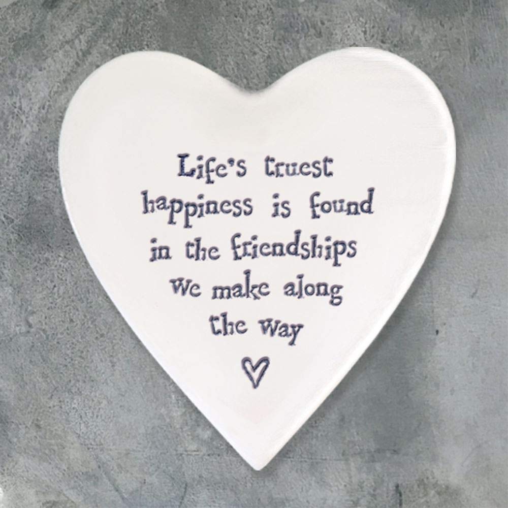 East Of India White Porcelain Heart Coaster Life's Truest Happiness Eoi87