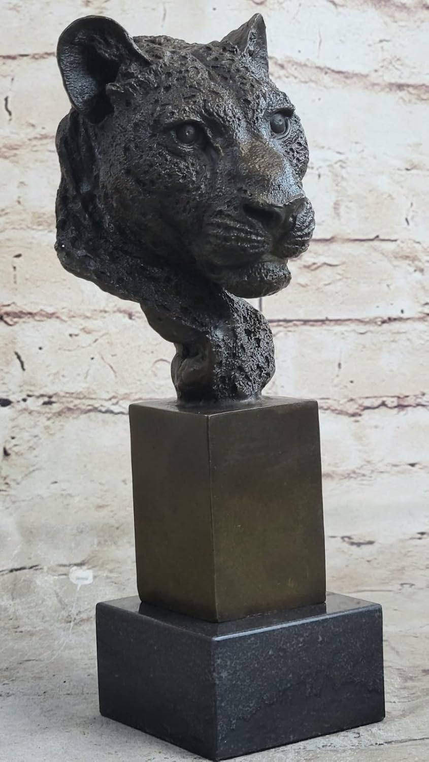 African Cougar Puma Bronze Sculpture Bust Signed Art Deco Marble Base Figurine by Think Bronze Decorative Home Decor