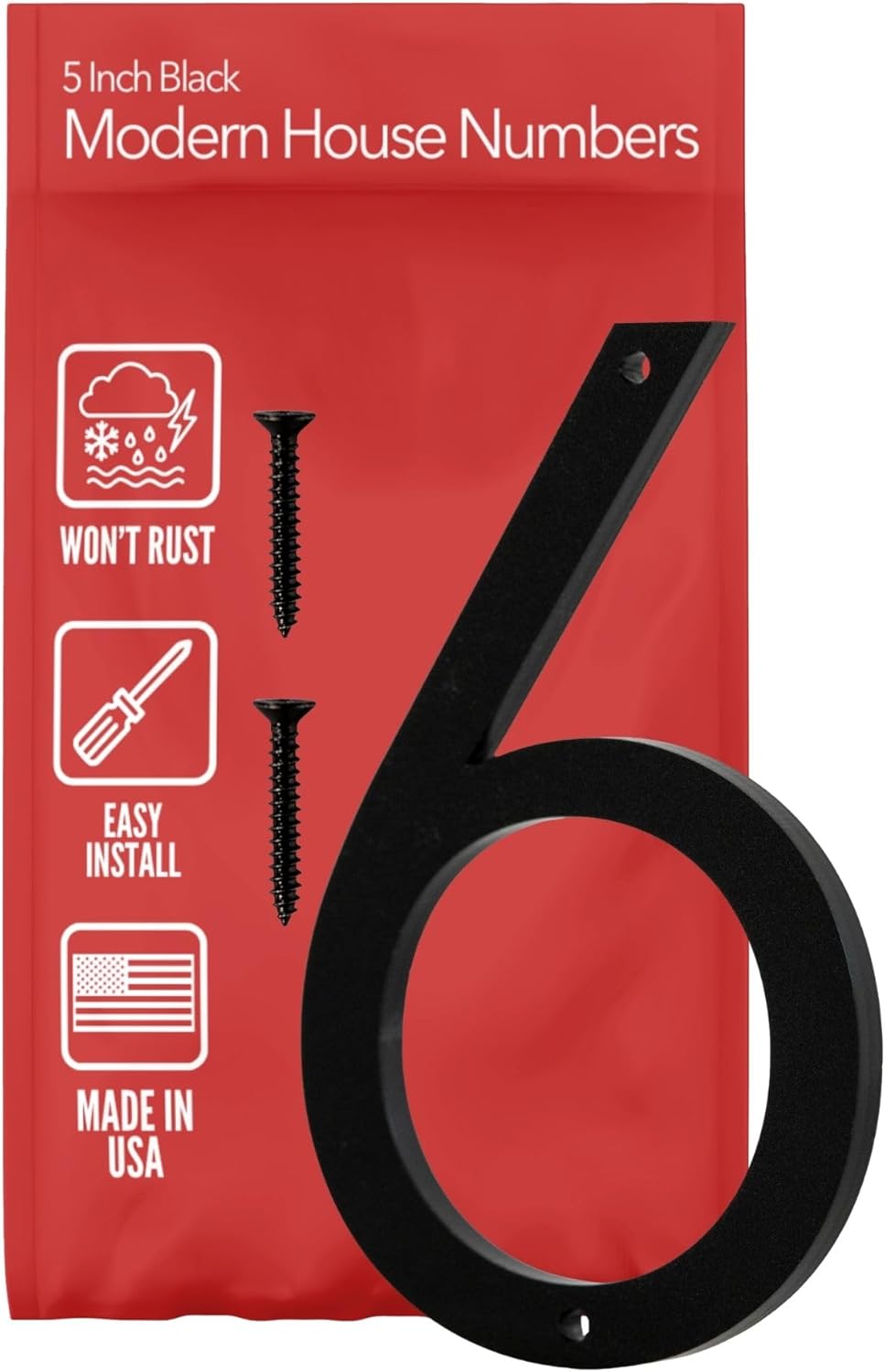 Discovered Designs 5" (6) Modern Address House Numbers for Outside - Easy to Install 3D Matte Black Acrylic Individual Numbers for Address on House, Weatherproof No Rust, Made in USA, Includes 2 - 3/4" Screws, Door Mailbox Number Home Address Number