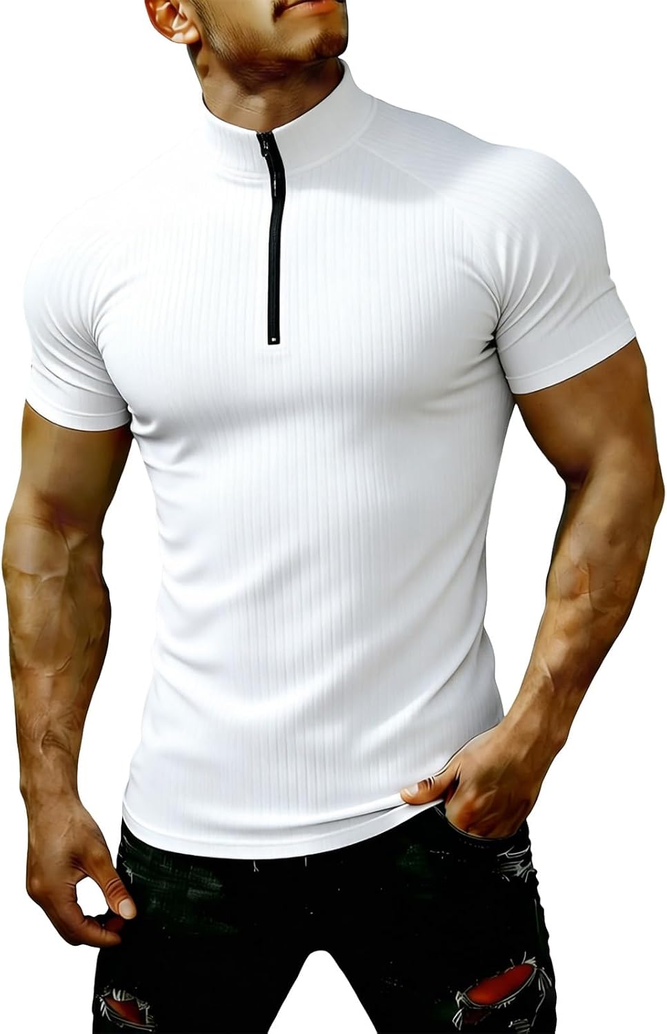 Men's Athletic Shirts Quarter Zip Ribbed Pullover Short Sleeve Workout Tops Stand Neck Slim Fit Tees Running Shirt