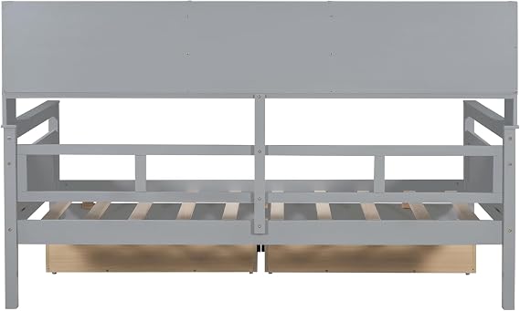 Twin Size Daybed, Wood Daybed Frame with Bedside Storage Shelf and 2 Drawers, No Box Spring Needed (Grey-at)