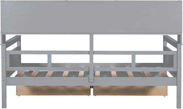 Twin Size Daybed, Wood Daybed Frame with Bedside Storage Shelf and 2 Drawers, No Box Spring Needed (Grey-at)