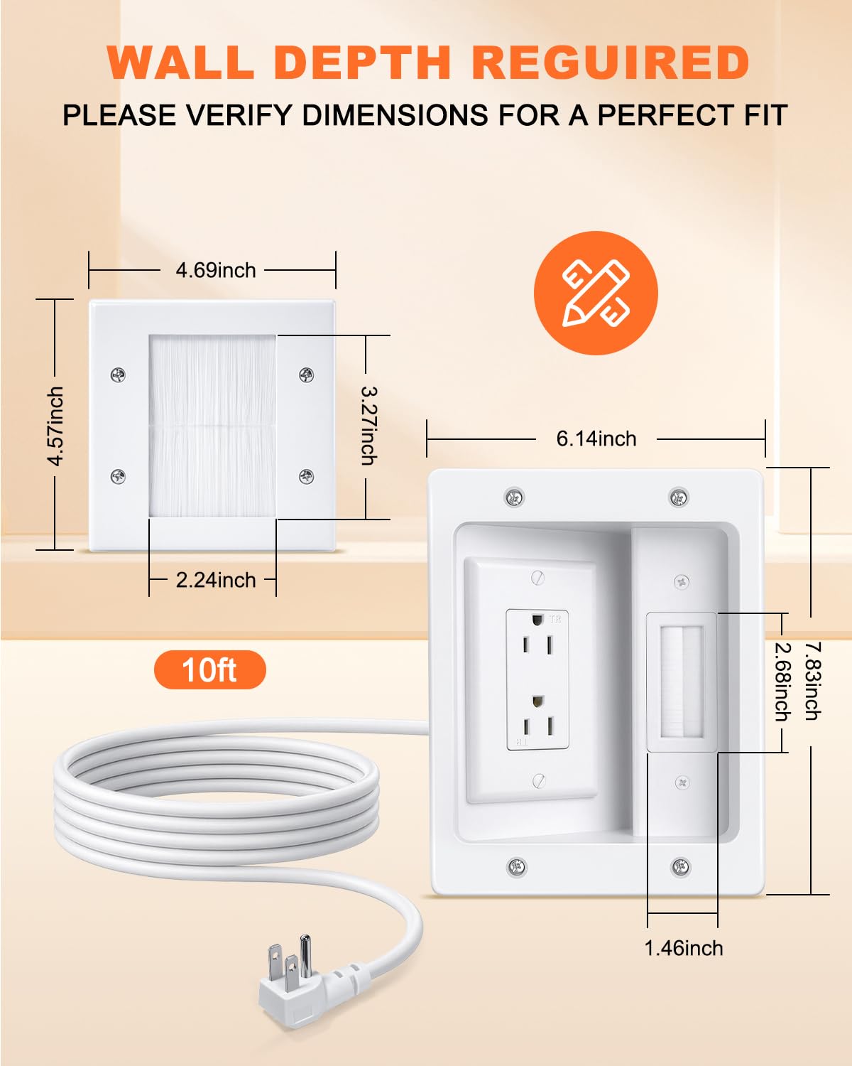 in Wall Cable Management Kit with Recessed Outlet Box, TV Cord Hider & Concealer - Dual Power Outlet, Large Pass-Through for HDMI Cables, UL Listed for Wall Mounted TV