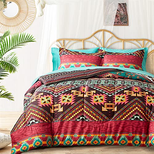 Flysheep Boho Bed In A Bag 7 Pieces Queen Size, Colorful Bohemian Tribal Comforter Set With Teal Sheet Set For All Season(1 Comforter, 1 Flat Sheet, 1 Fitted Sheet, 2 Pillow Shams, 2 Pillowcases) #TOP21