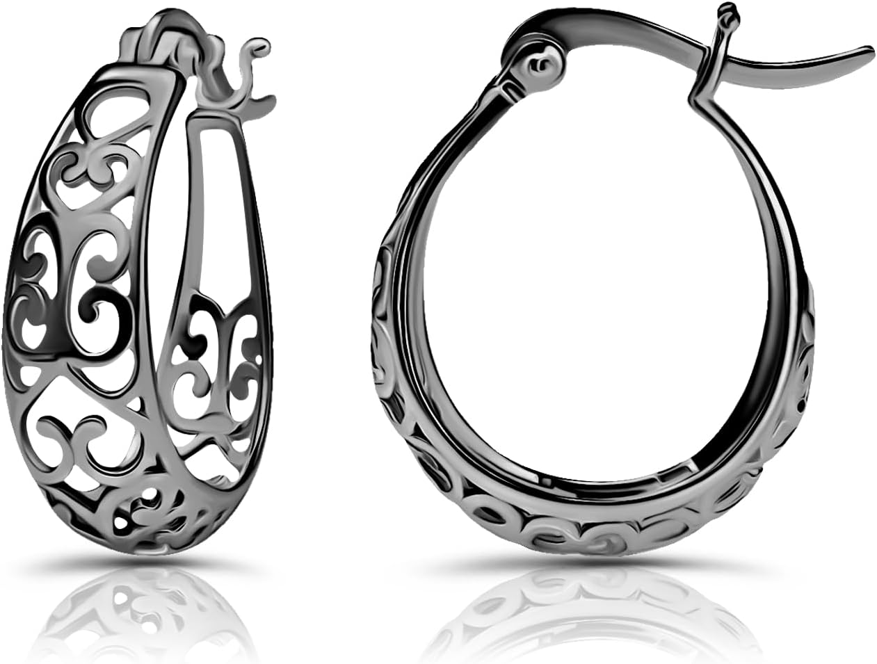 Hoops & Loops 925 Sterling Silver Open Fiigree Heart Swirl High Polished Oval Hoop Earrings for Women, Black Flashed Sterling Silver