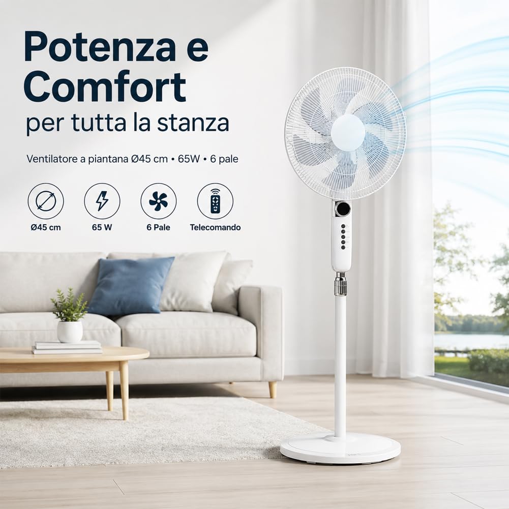 BAKAJI Standventilator mit Fernbedienung, kippsicherer Basis, Höhe verstellbar mit Durchmesser 45 cm, Leistung 65 W, 3 wählbare Geschwindigkeitsstufen, oszillierend und unabhängig, 6 Flügel