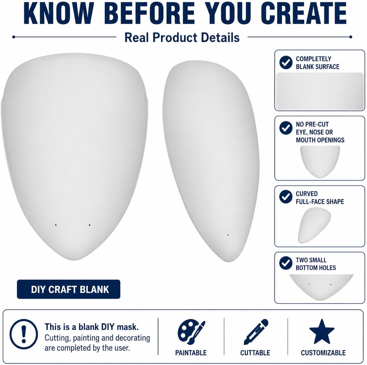 Blank Full-Face Craft Mask Base for DIY Painting & Role Play, 6.7 x 8.3 in