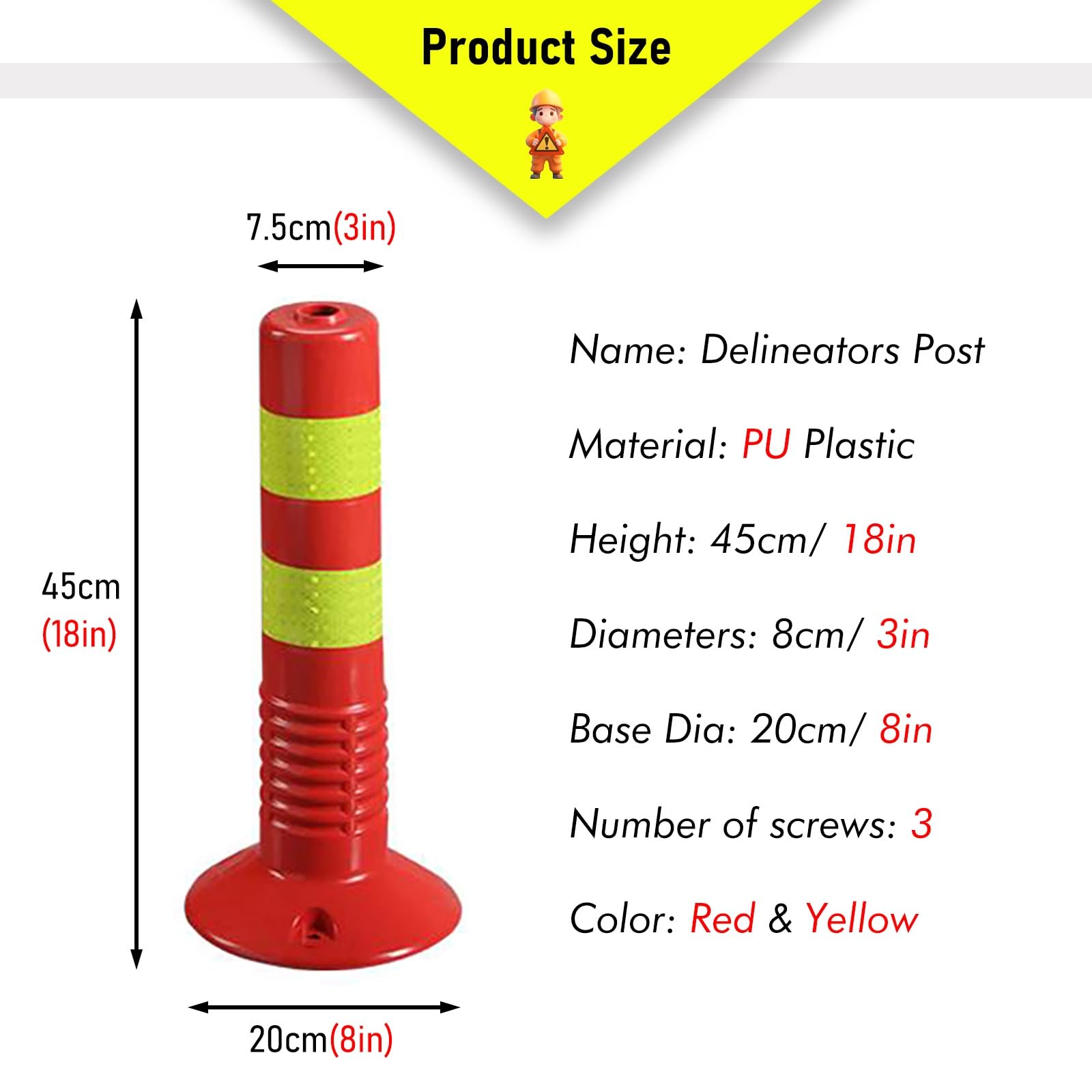 Traffic Delineator Post with Weighted Base & Screws, Driveway Security Bollards Underground for Streets/ Pedestrian Crossings/ Controlled Areas, 2 4 6 8 10 Pack Fixed No parking Cones(45cm/18in H Red+