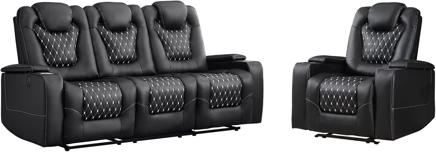 EBELLO Power Faux Leather Reclining Couch with Cup Holder and USB Port, Living Room Furniture Set, Electric Recliner Sofa for Home Theater Seat (Recliner and 3 Seat Sofa Set, Black)