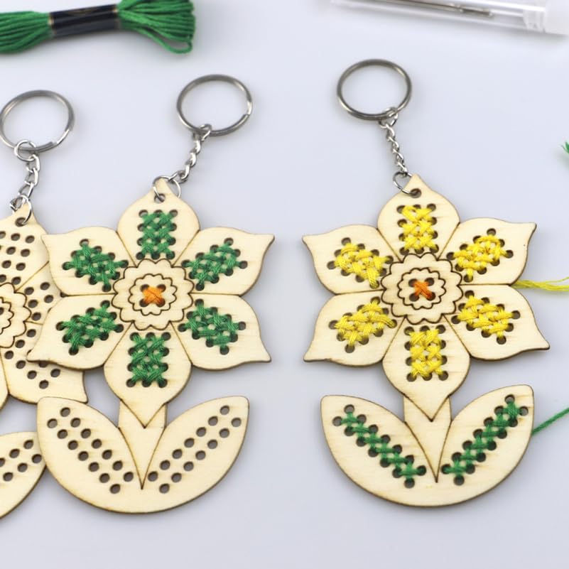 Image of TEHAUX Sunflower Cross Stitch Kit Wooden Keychain DIY Embroidery Needlepoint Set with Cotton Thread for Christmas Decoration and Craft
