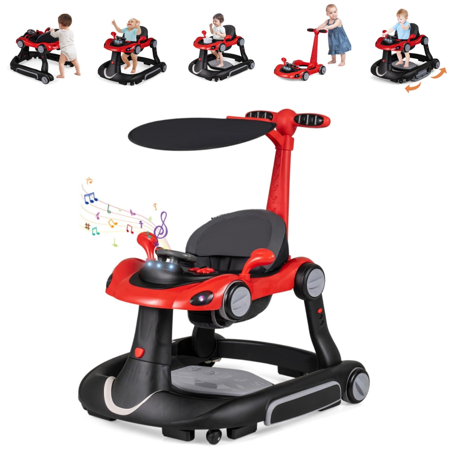 LIFEZEAL Lauflernwagen mit Sonnenschirm, 6-in-1 Lauflernhilfe Gehhilfe Baby mit Licht, Musik, Spielecenter & Tablett, Baby Walker mit einstellbarer Höhe & Geschwindigkeit, ab 7-18 Monate (Rot)