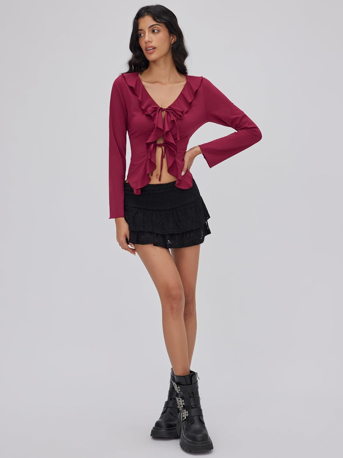 CIDER Womens Going Out Tops Long Sleeve V Neck Ruffle Tie Front T Shirts Tops - Image 3