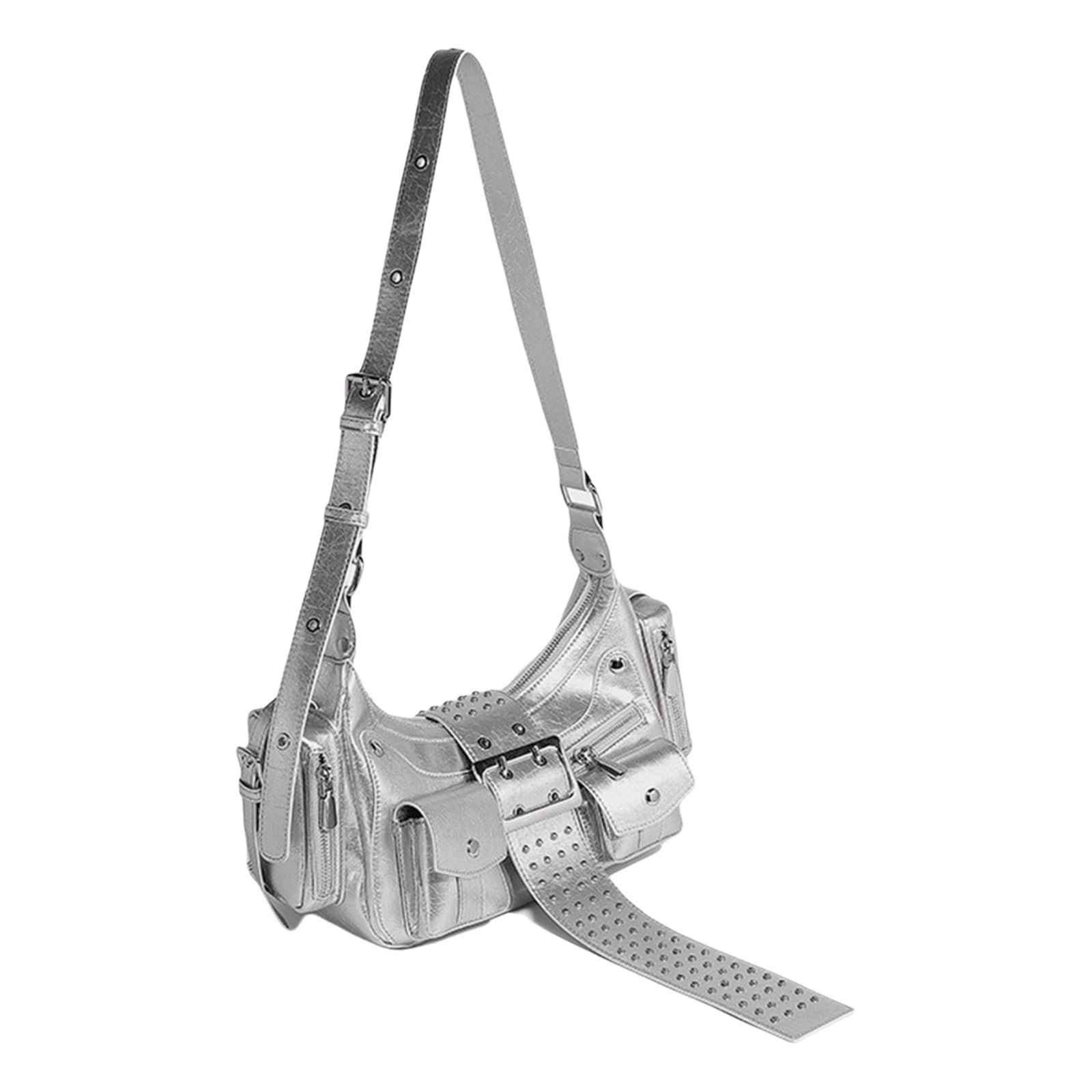 Bolso de hombro de piel sintética para motocicleta, con remaches punk, bolso cruzado con correa ajustable, bolso de mano de piel sintética